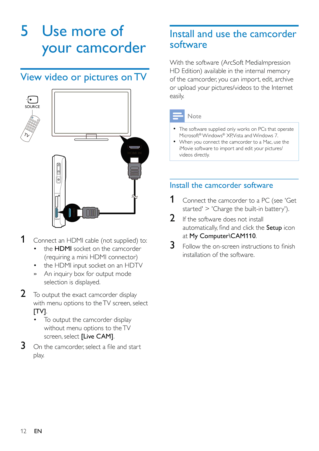 Philips CAM110 View video or pictures on TV, Install and use the camcorder software, Install the camcorder software 