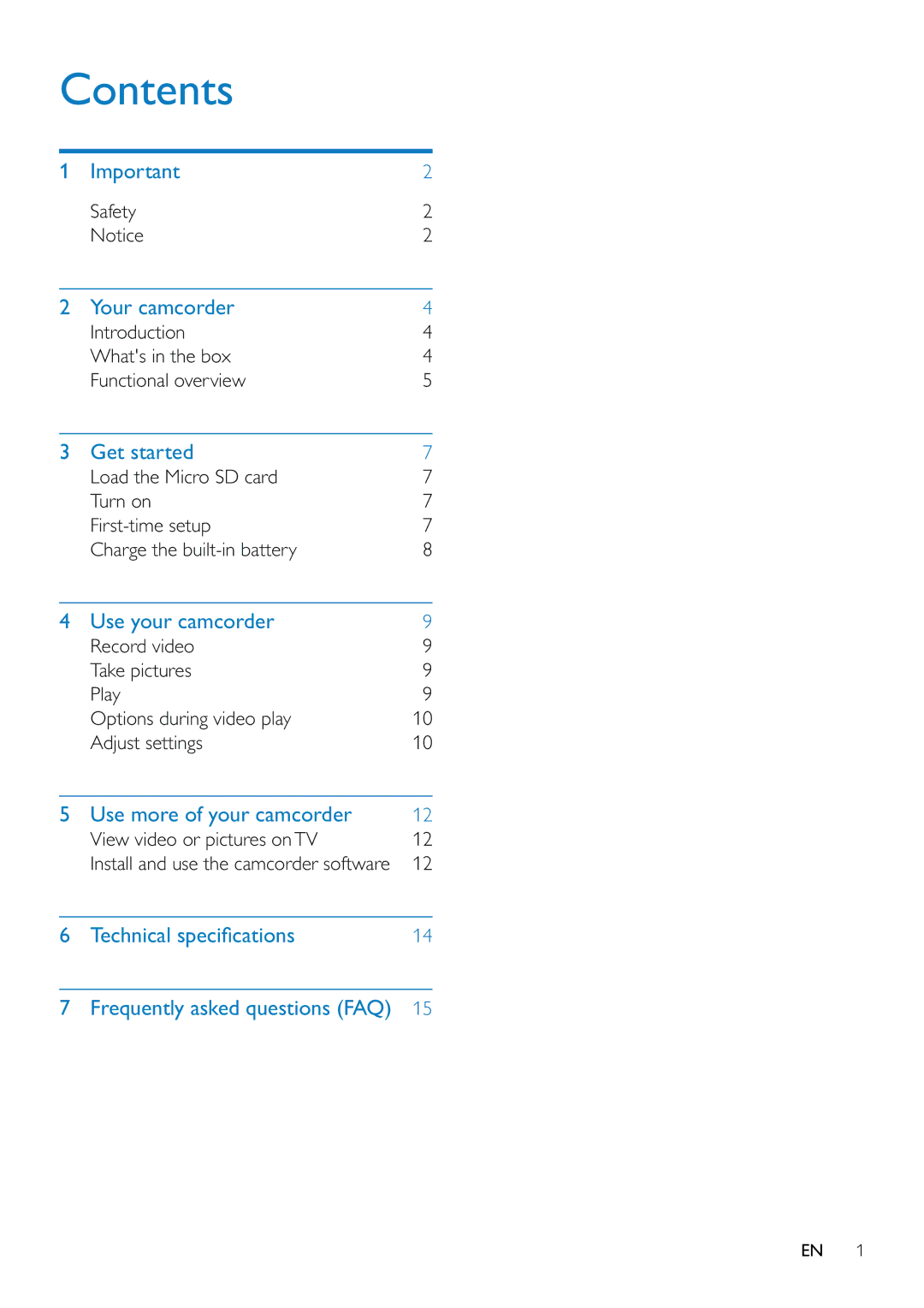 Philips CAM110 user manual Contents 