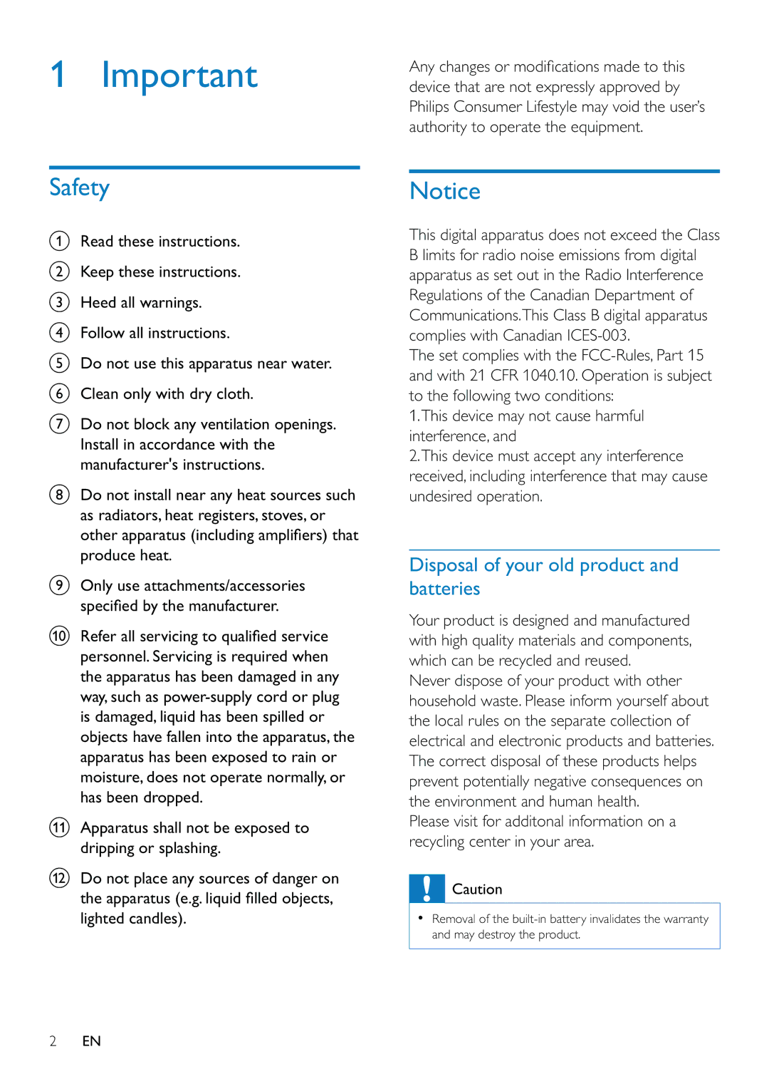 Philips CAM110 user manual Safety, Disposal of your old product and batteries 