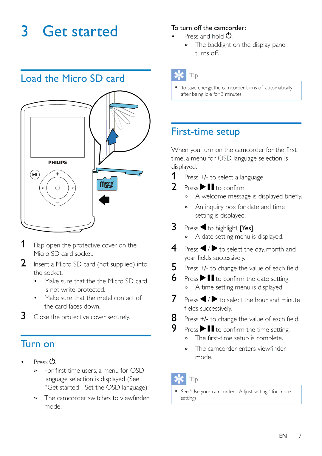 Philips CAM110 user manual Load the Micro SD card, Turn on, First-time setup 