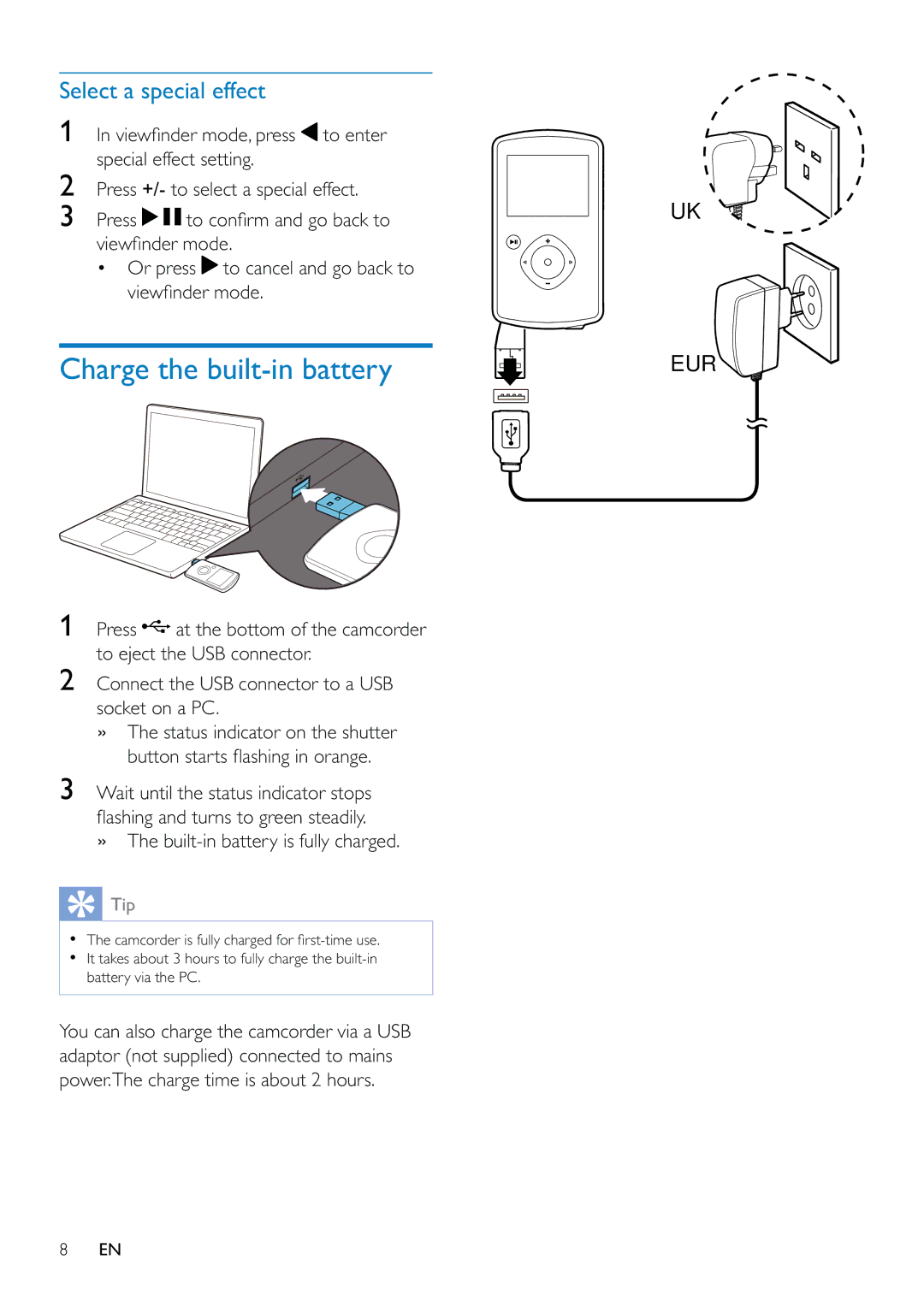 Philips CAM110 user manual Charge the built-in battery, Select a special effect 