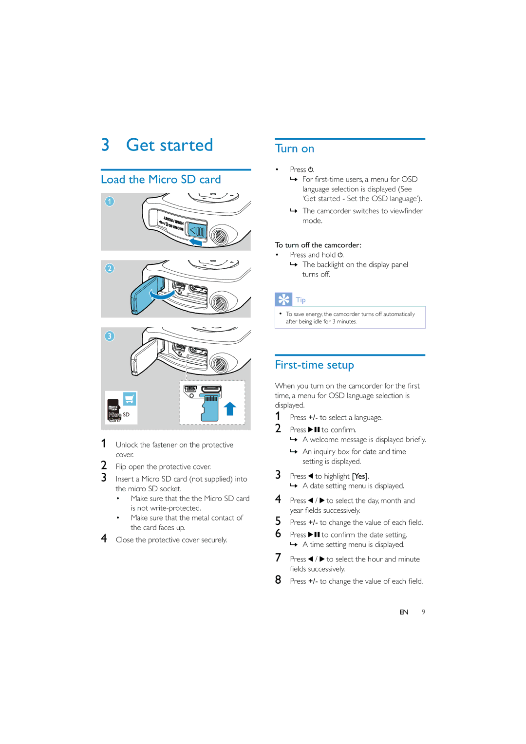 Philips CAM150 user manual Load the Micro SD card Turn on, First-time setup, Press 