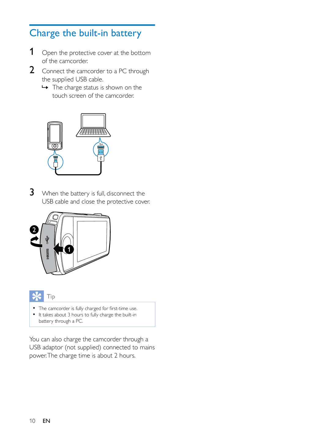 Philips CAM200 user manual Charge the built-in battery 