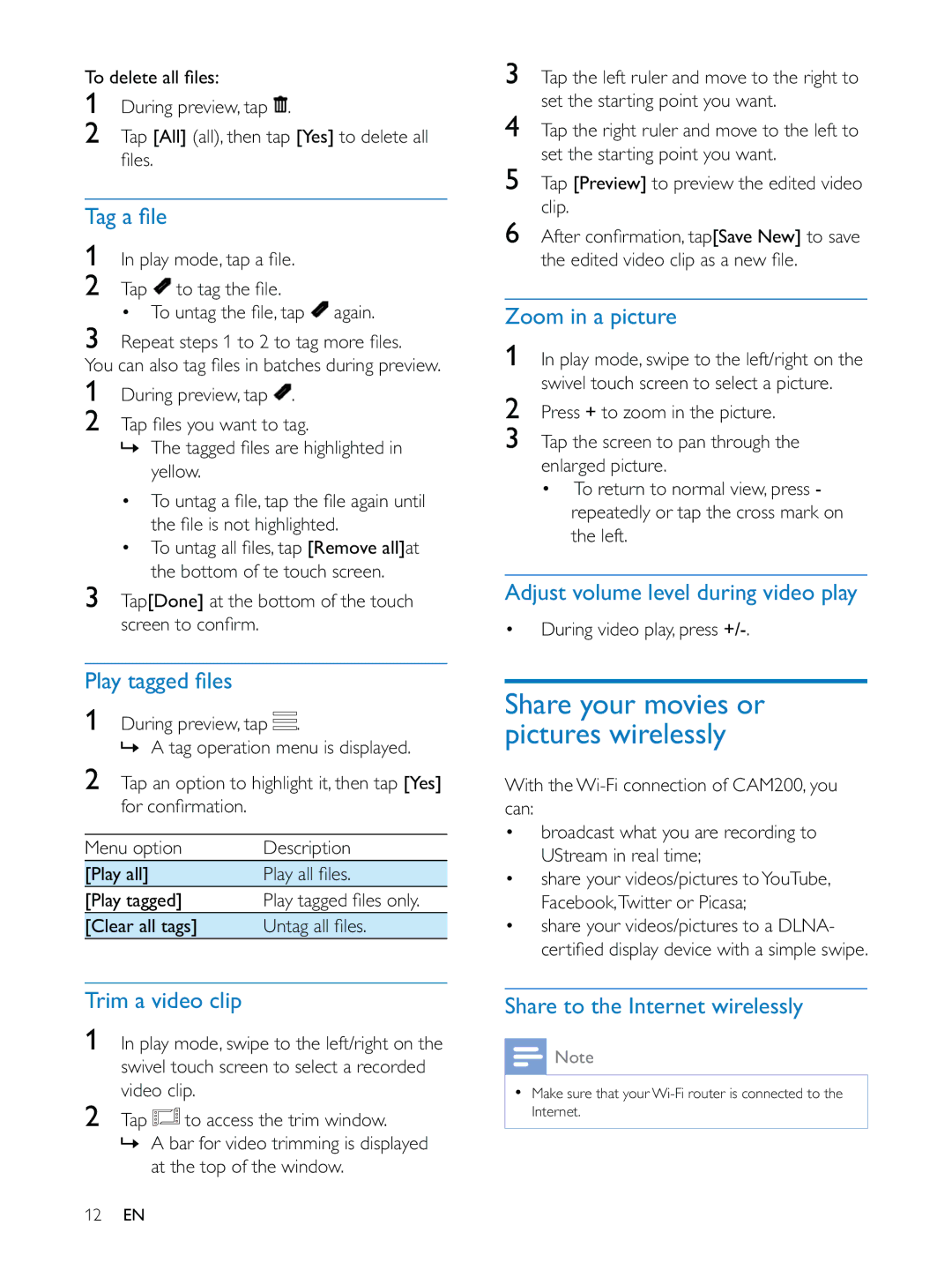 Philips CAM200 user manual Zoom in a picture, Adjust volume level during video play, Trim a video clip 