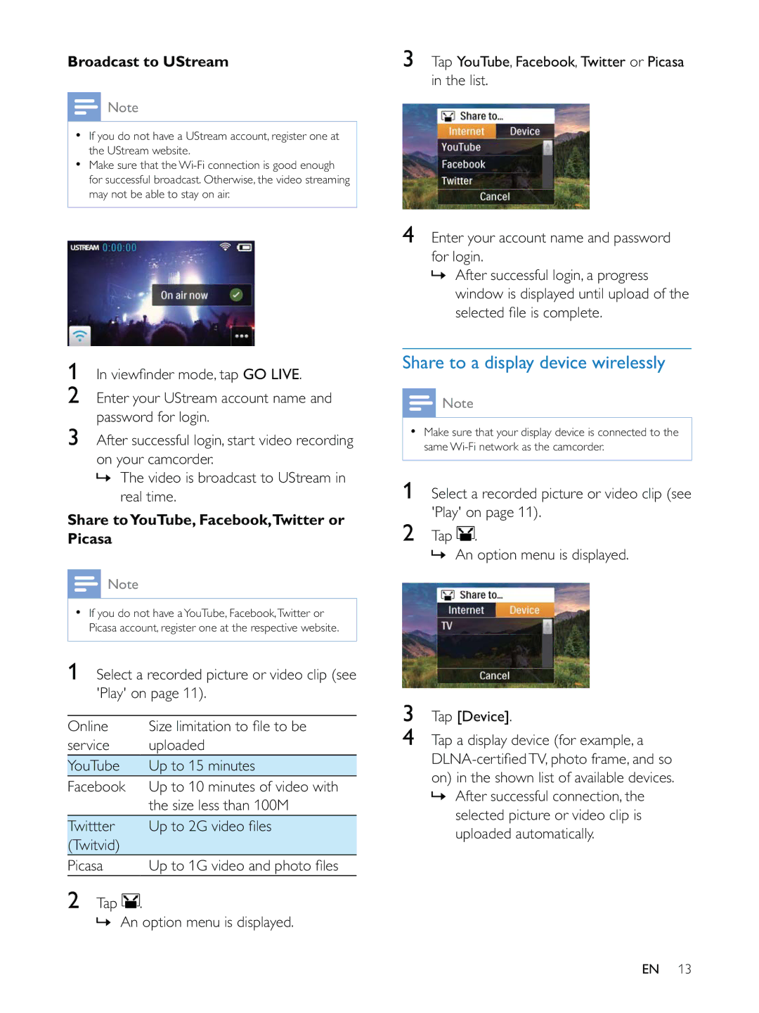 Philips CAM200 user manual Share to a display device wirelessly, Broadcast to UStream 