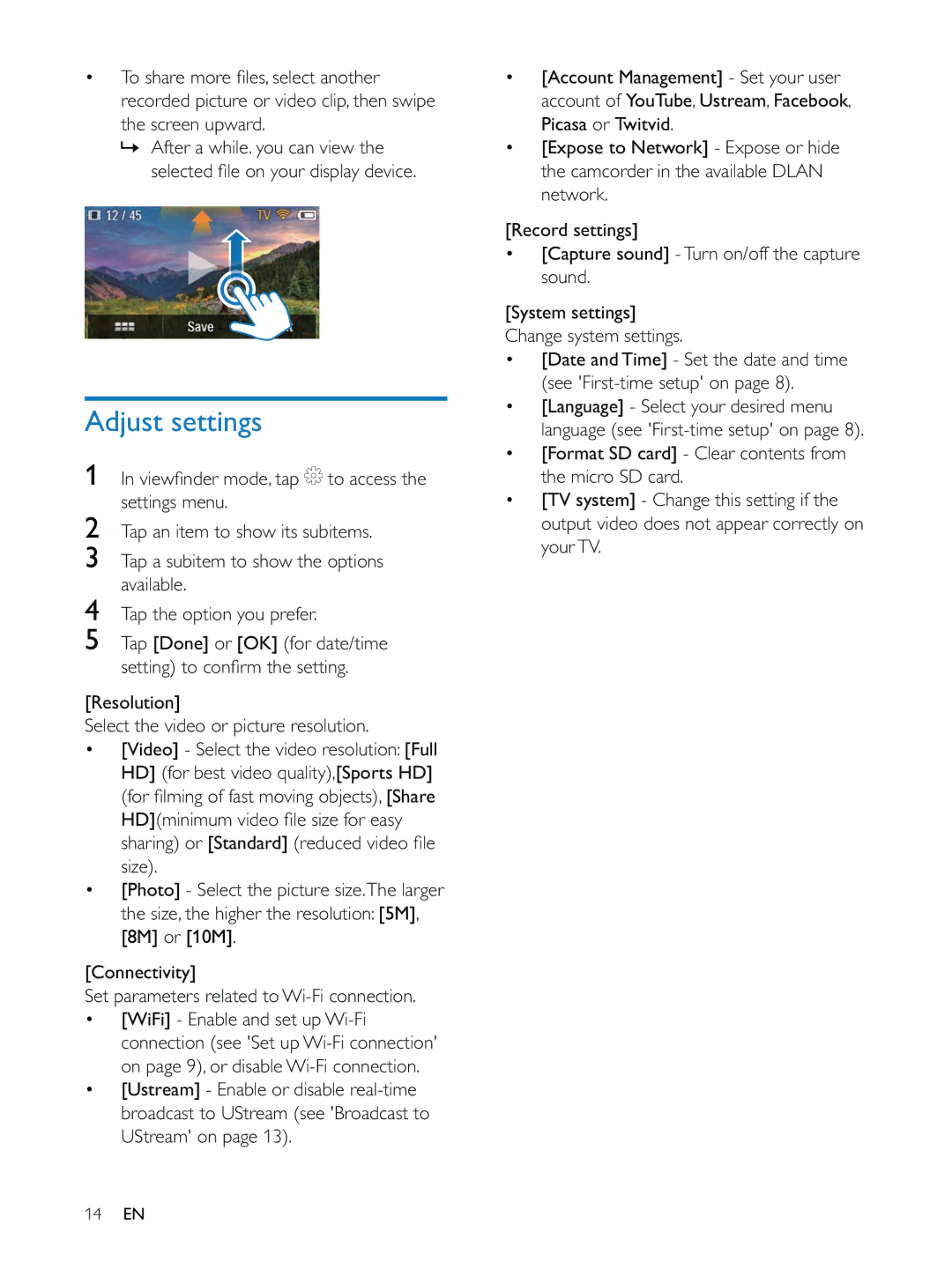 Philips CAM200 user manual Adjust settings, Share Sharing or Standard Photo 8M or 10M Connectivity 