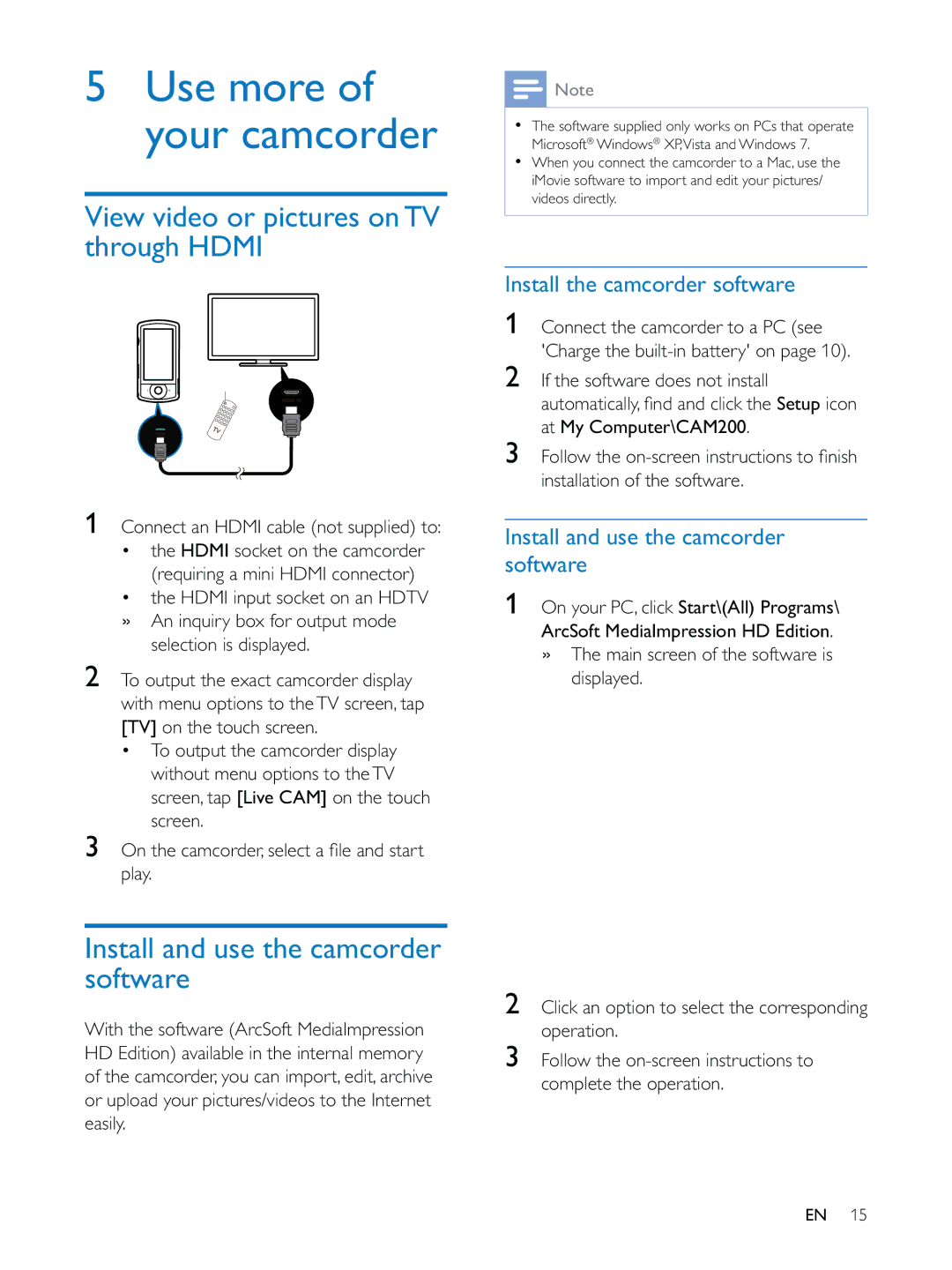 Philips CAM200 user manual View video or pictures on TV through Hdmi, Install and use the camcorder software 