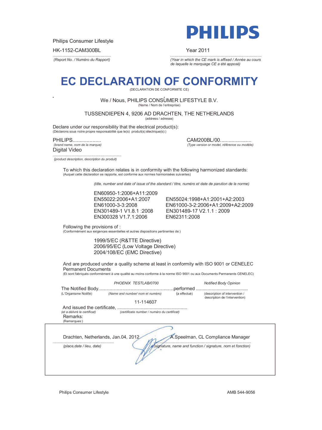 Philips CAM200 user manual EC Declaration of Conformity 