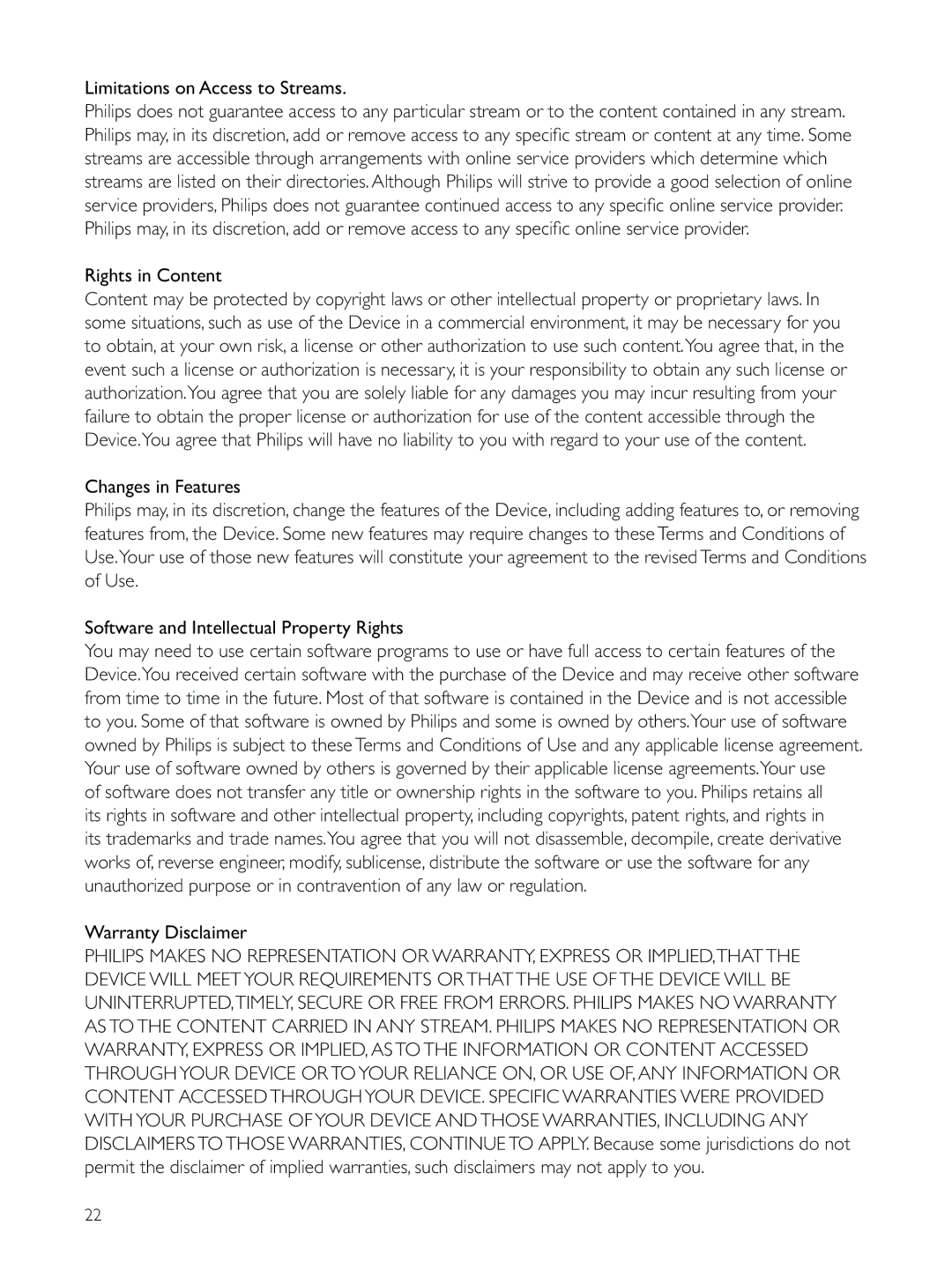 Philips CAM200 user manual Rights in Content, Warranty Disclaimer 