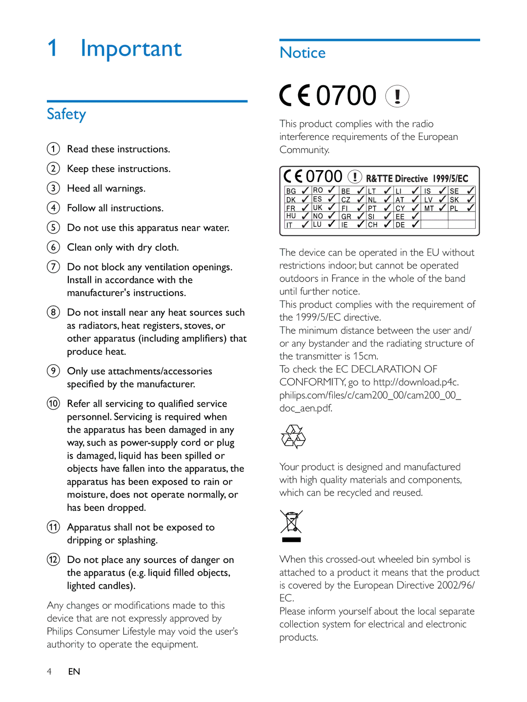 Philips CAM200 user manual Safety, Produce heat Only use attachments/accessories 