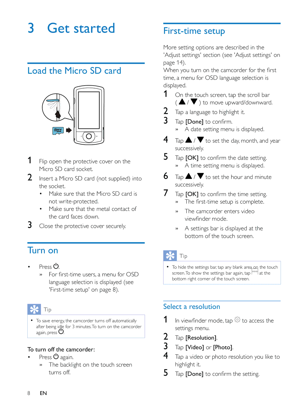 Philips CAM200 user manual Load the Micro SD card, Turn on, First-time setup, Select a resolution 