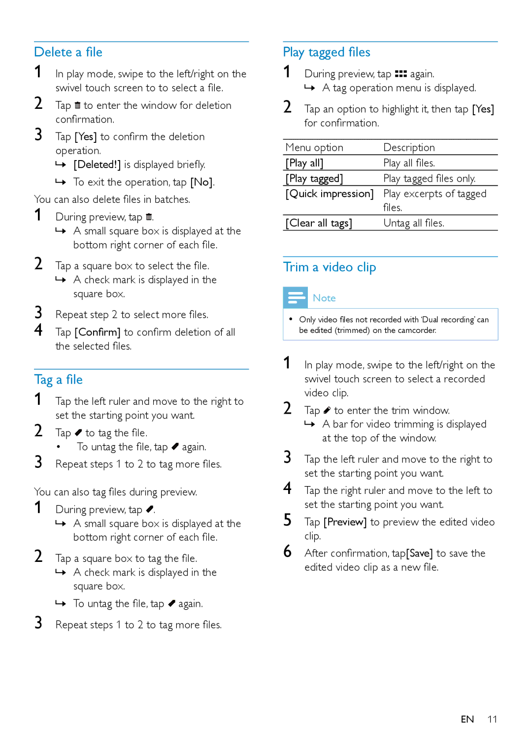 Philips CAM295 user manual Delete a file, Tag a file, Play tagged files, Trim a video clip 