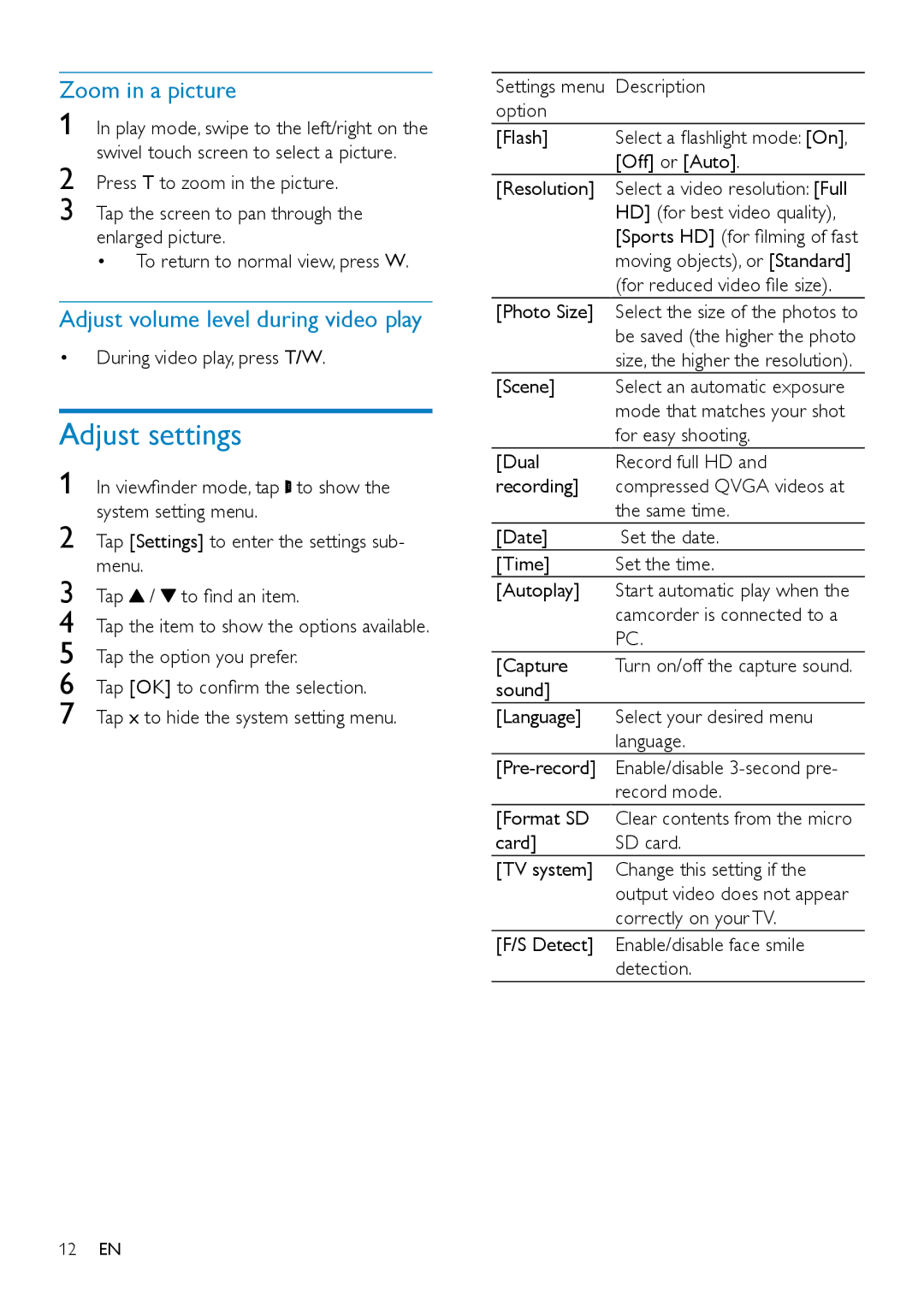 Philips CAM295 user manual Adjust settings, Zoom in a picture, Adjust volume level during video play 