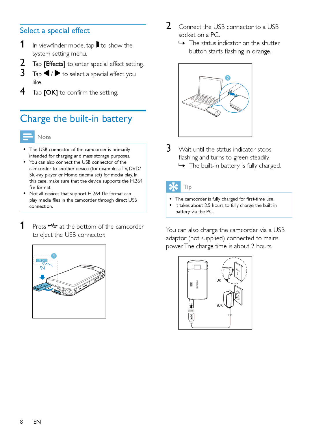 Philips CAM300 Charge the built-in battery, Select a special effect, Connect the USB connector to a USB socket on a PC 