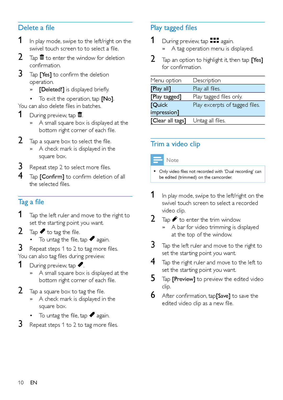 Philips CAM300 user manual Delete a file, Tag a file, Play tagged files, Trim a video clip 