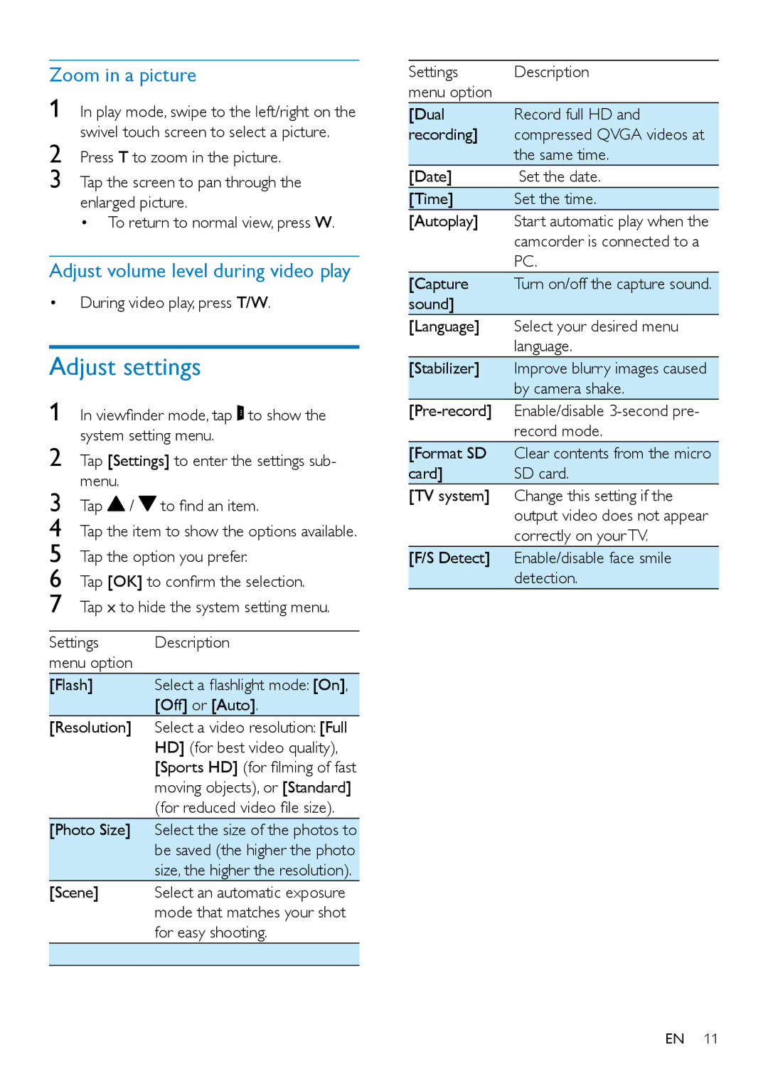 Philips CAM300 user manual Adjust settings, Zoom in a picture, Adjust volume level during video play 