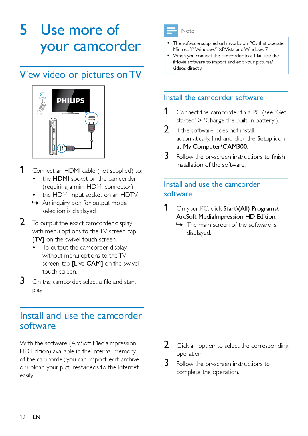 Philips CAM300 View video or pictures on TV, Install and use the camcorder software, Install the camcorder software 