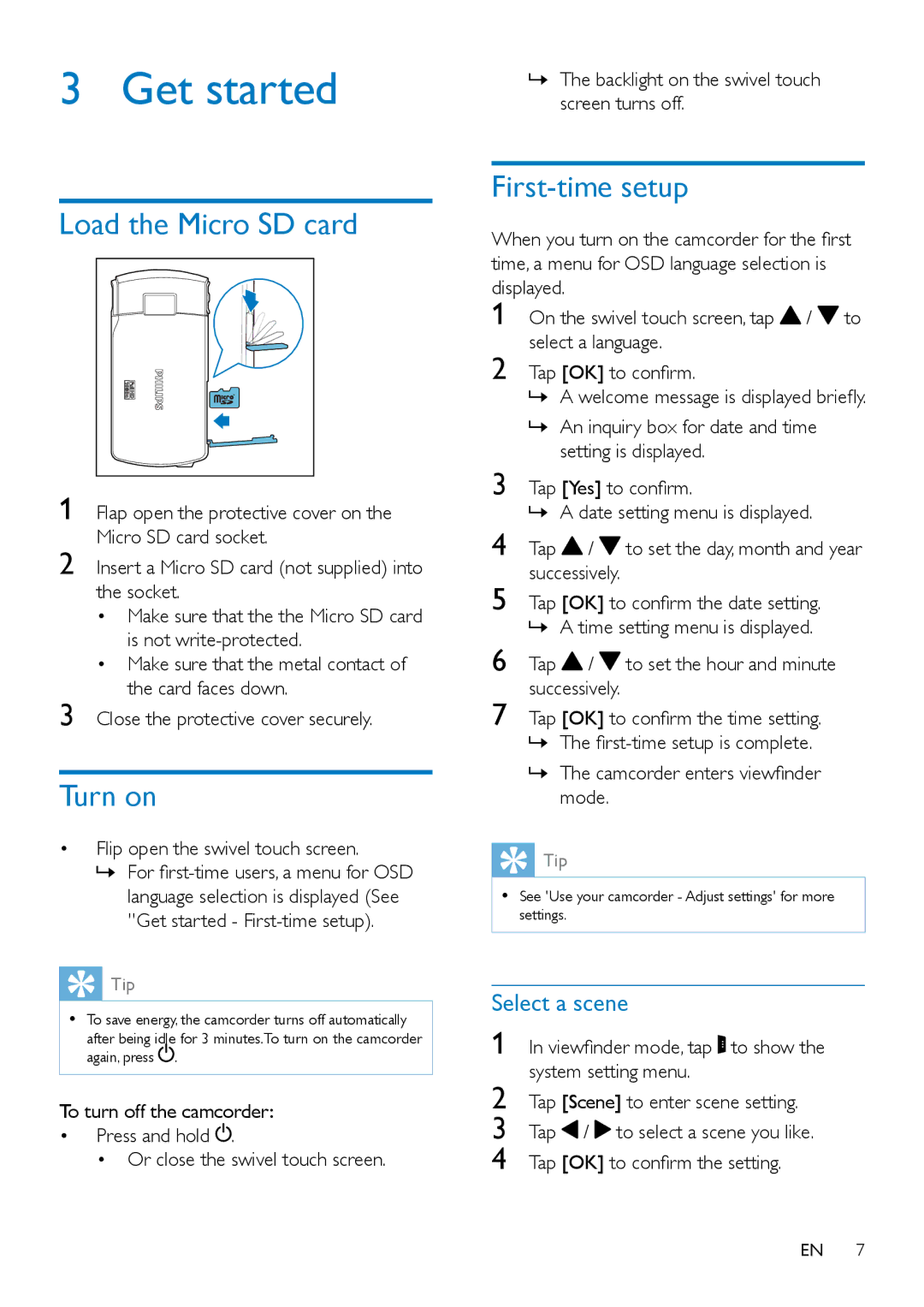 Philips CAM300 user manual Load the Micro SD card, Turn on, First-time setup, Select a scene 