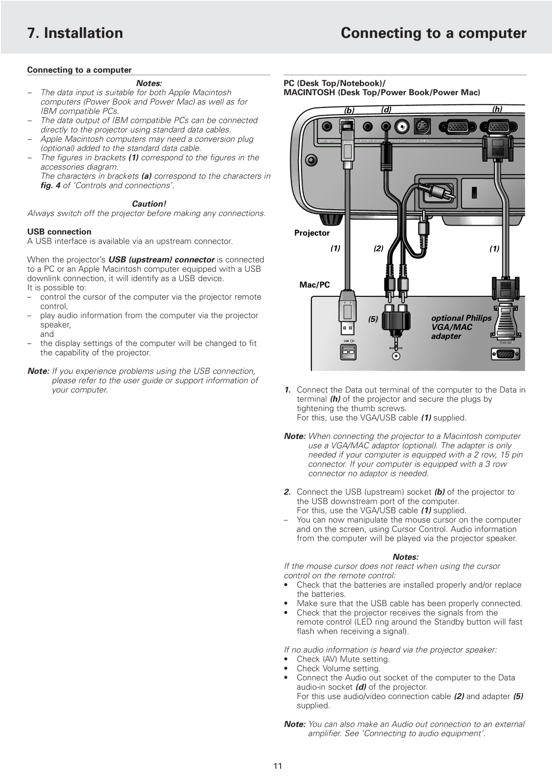 Philips cBright 2 Series manual Installation Connecting to a computer, USB connection, Mac/PC Optional Philips, Adapter 