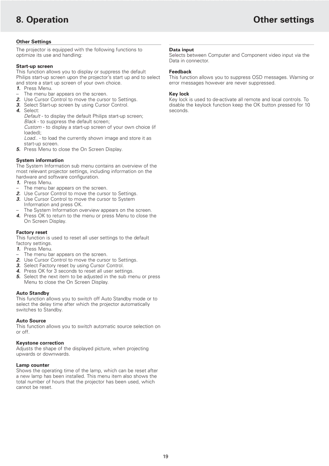 Philips cBright 2 Series manual Operation Other settings 