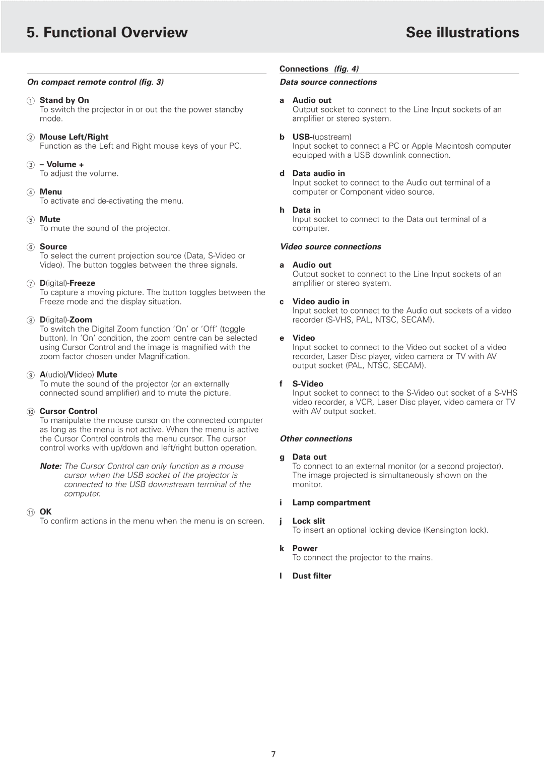 Philips cBright 2 Series manual On compact remote control fig, Data source connections, Video source connections 