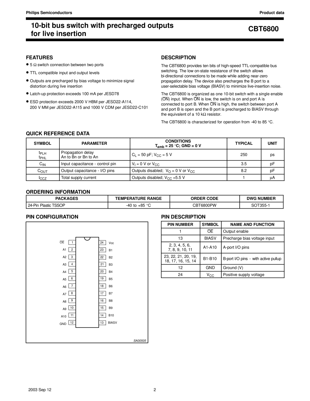 Philips CBT6800 manual Features, Quick Reference Data, Ordering Information, PIN Configuration, PIN Description 