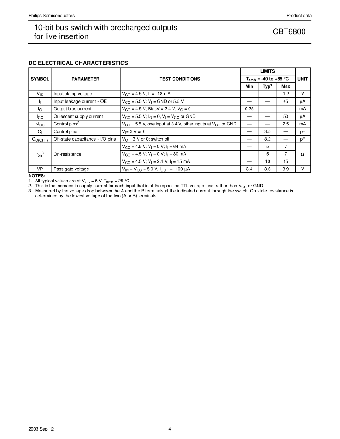 Philips CBT6800 manual DC Electrical Characteristics, Parameter Test Conditions, Min 