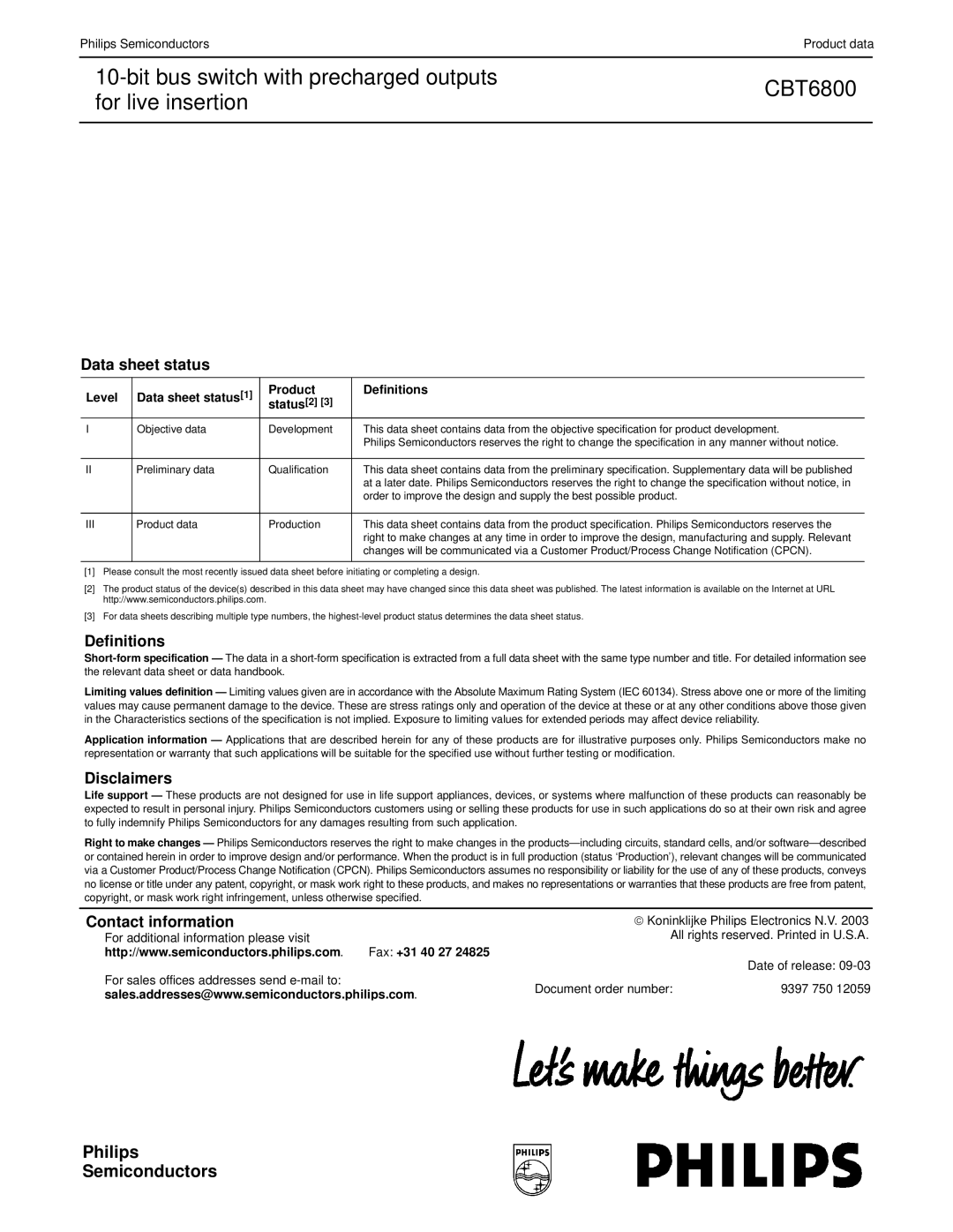 Philips CBT6800 manual Data sheet status, Definitions, Disclaimers, Contact information 