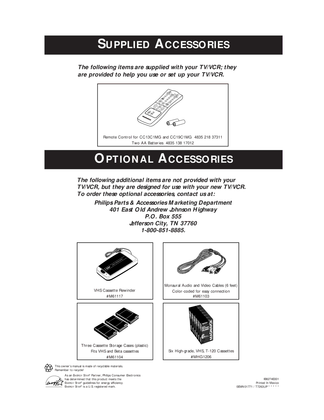 Philips CC13C1MG, CC19C1MG owner manual Supplied Accessories 