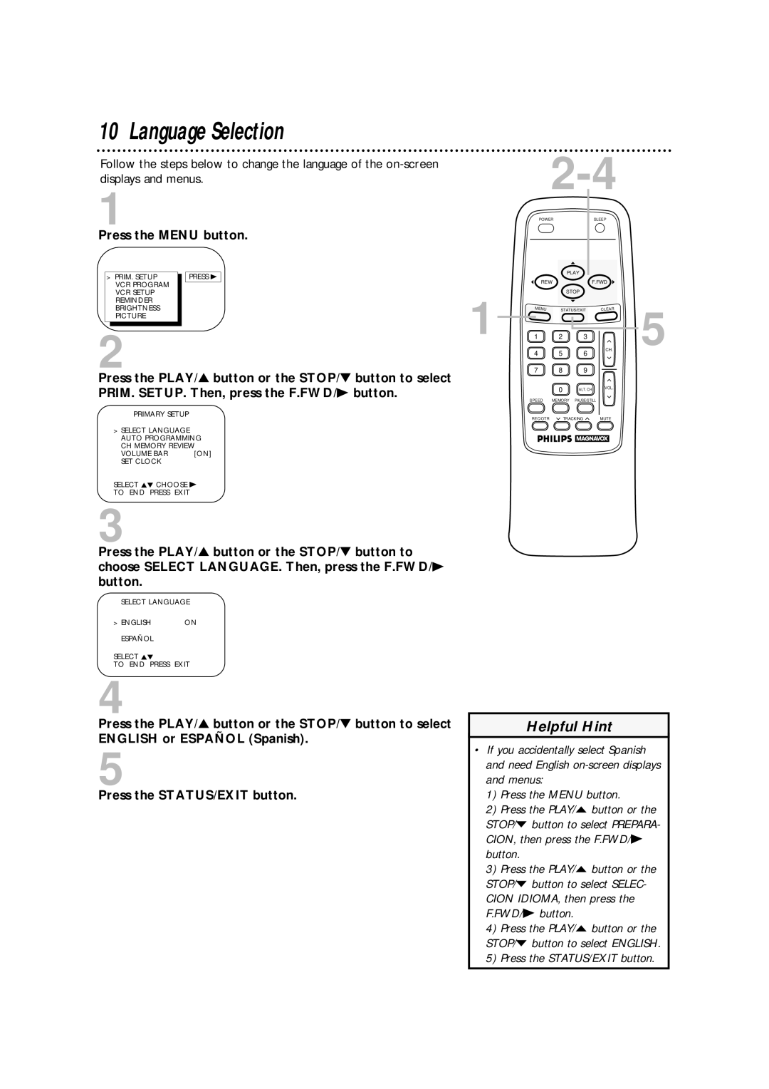 Philips CCA092AT owner manual Language Selection, Press the Menu button 