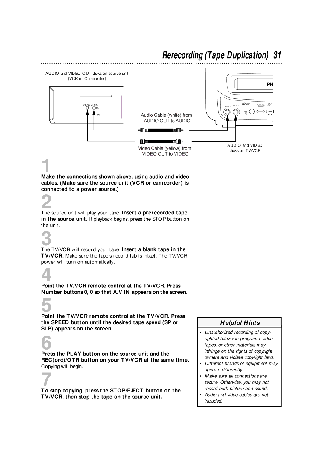 Philips CCA092AT owner manual Rerecording Tape Duplication, Different brands of equipment may operate differently 