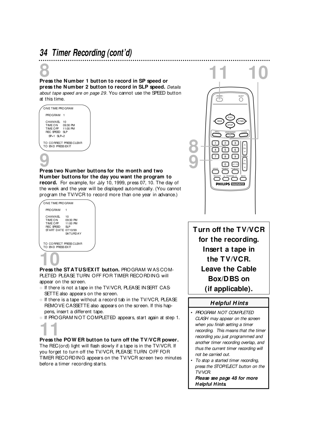 Philips CCA092AT owner manual Timer Recording cont’d 