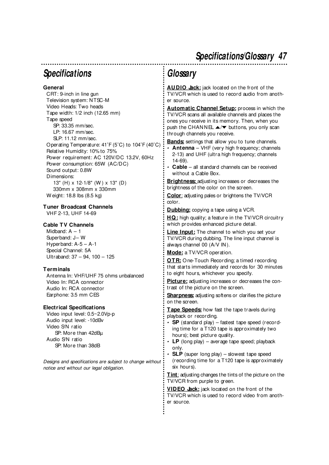 Philips CCA092AT owner manual Specifications, Glossary 