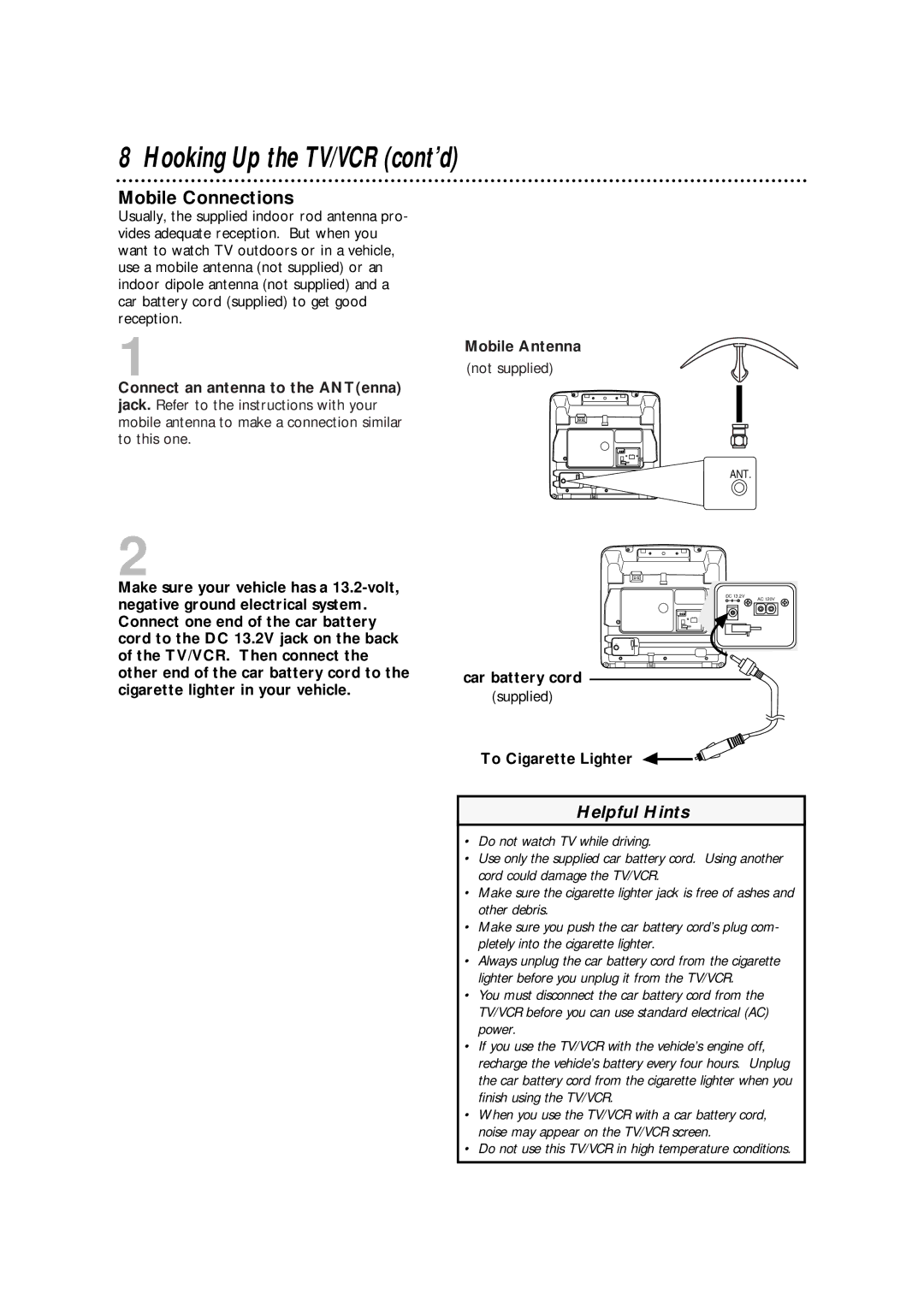 Philips CCA092AT owner manual Hooking Up the TV/VCR cont’d, Mobile Connections, Car battery cord, To Cigarette Lighter 