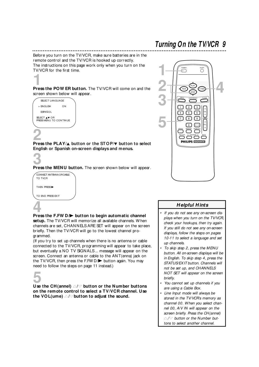 Philips CCA092AT owner manual Turning On the TV/VCR, You cannot set up channels if you are using a Cable Box 