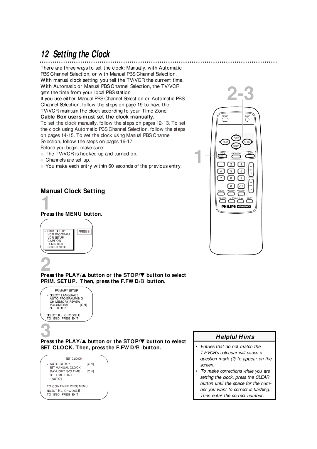 Philips CCA132AT owner manual Setting the Clock, Manual Clock Setting, Cable Box users must set the clock manually 