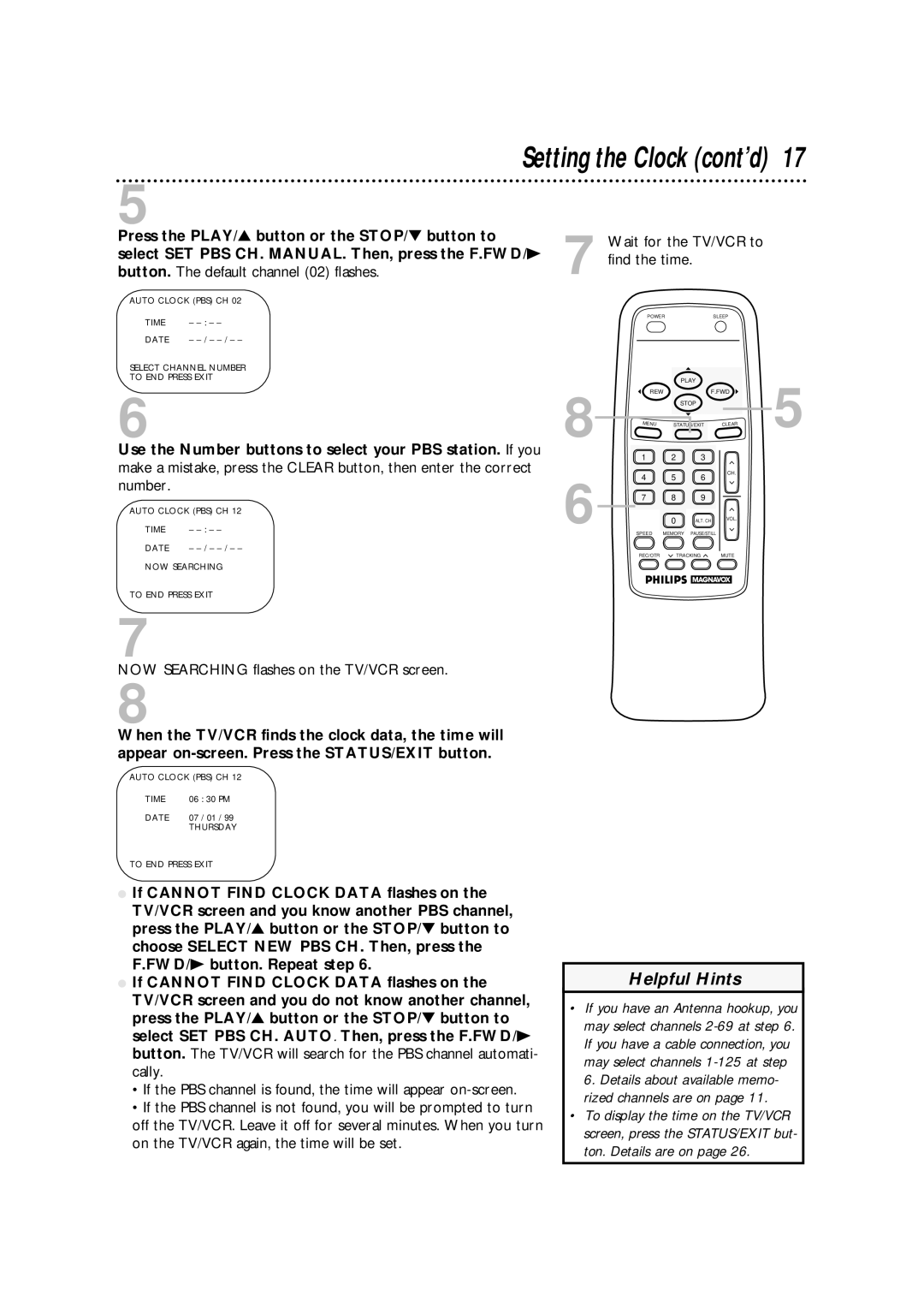 Philips CCA132AT Press the PLAY/ button or the STOP/ button to, Select SET PBS CH. MANUAL. Then, press the F.FWD/B 