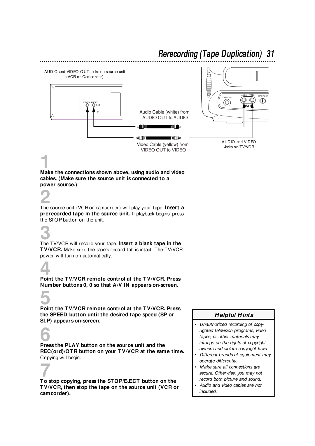 Philips CCA132AT owner manual Rerecording Tape Duplication, Different brands of equipment may operate differently 