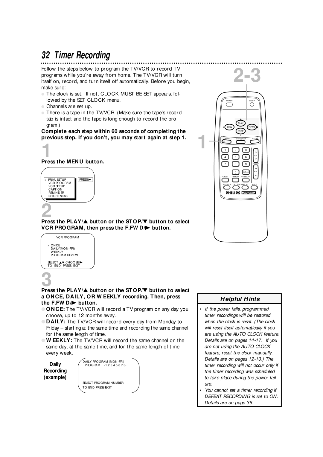 Philips CCA132AT owner manual Timer Recording, Daily 