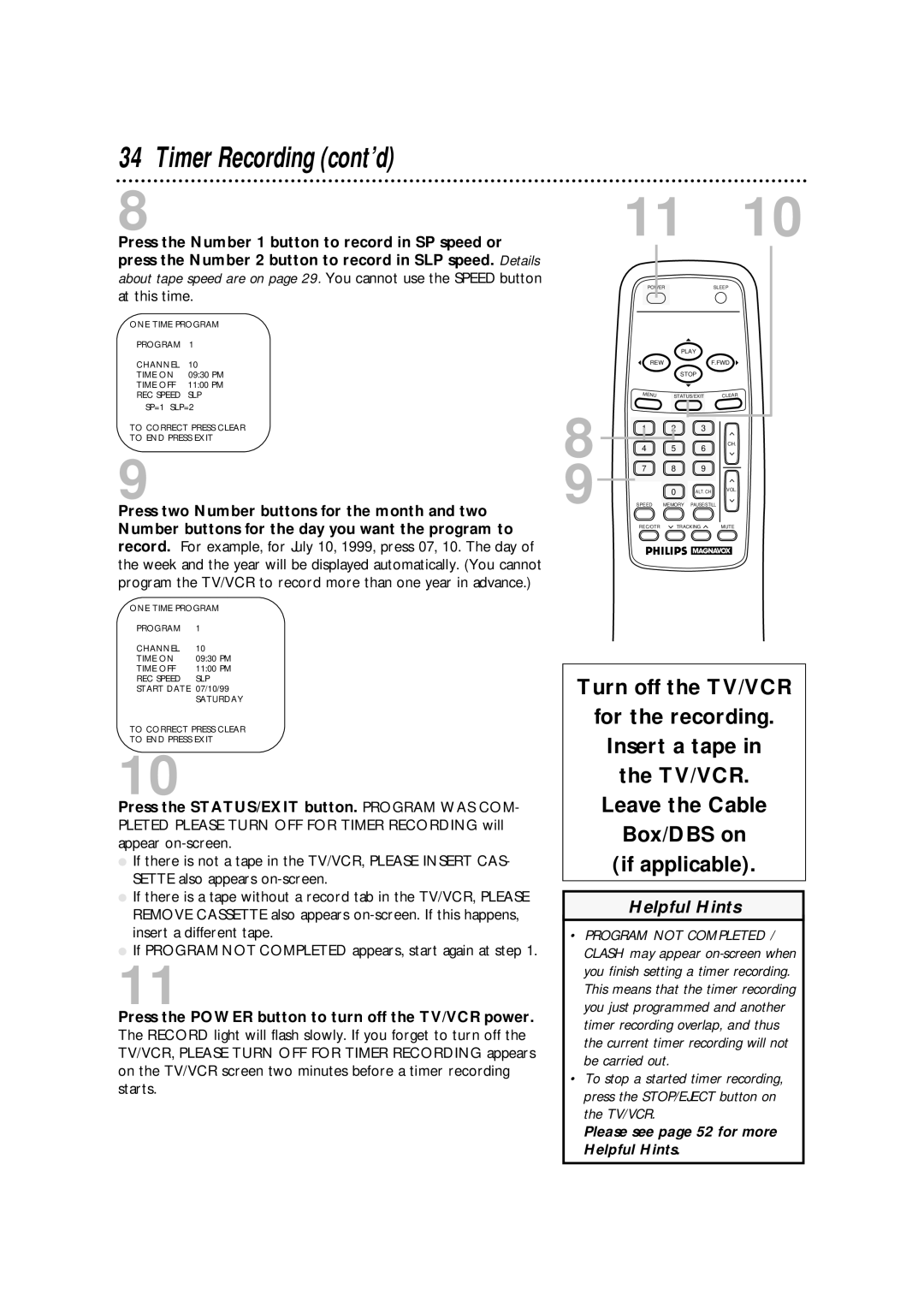 Philips CCA132AT owner manual Timer Recording cont’d 