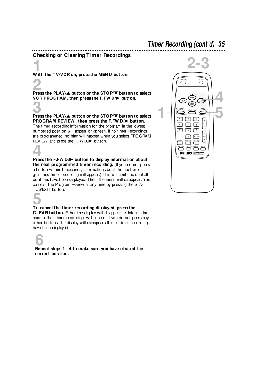 Philips CCA132AT owner manual Checking or Clearing Timer Recordings, With the TV/VCR on, press the Menu button 