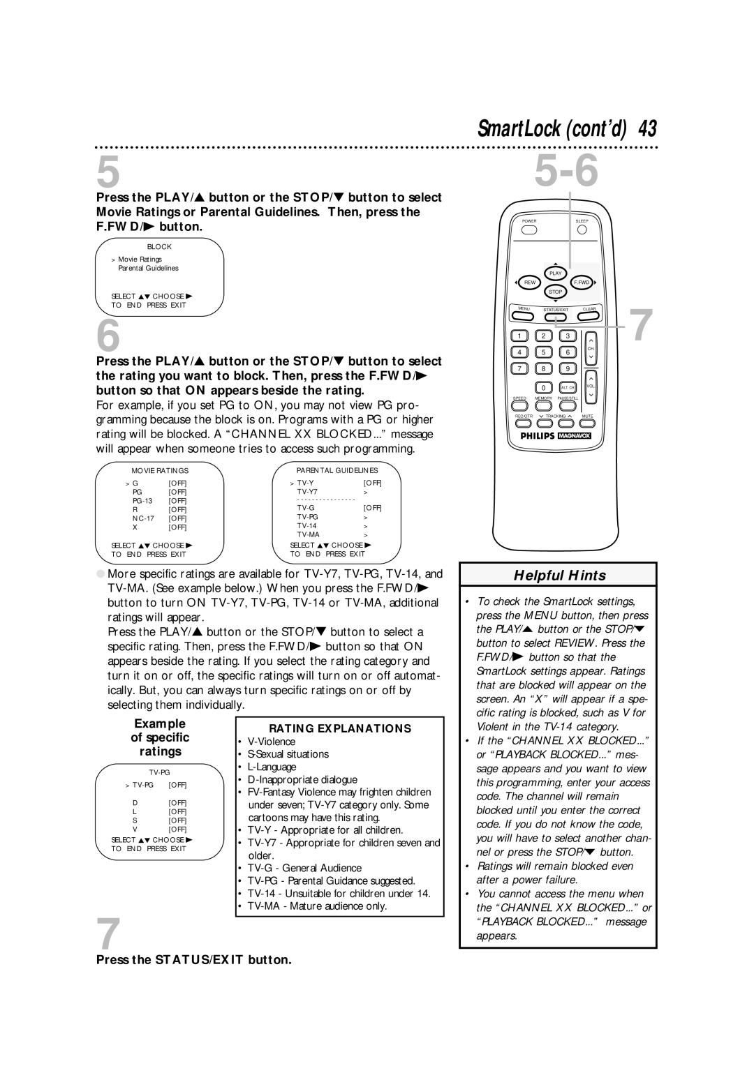 Philips CCA132AT owner manual SmartLock cont’d, Example Specific Ratings 