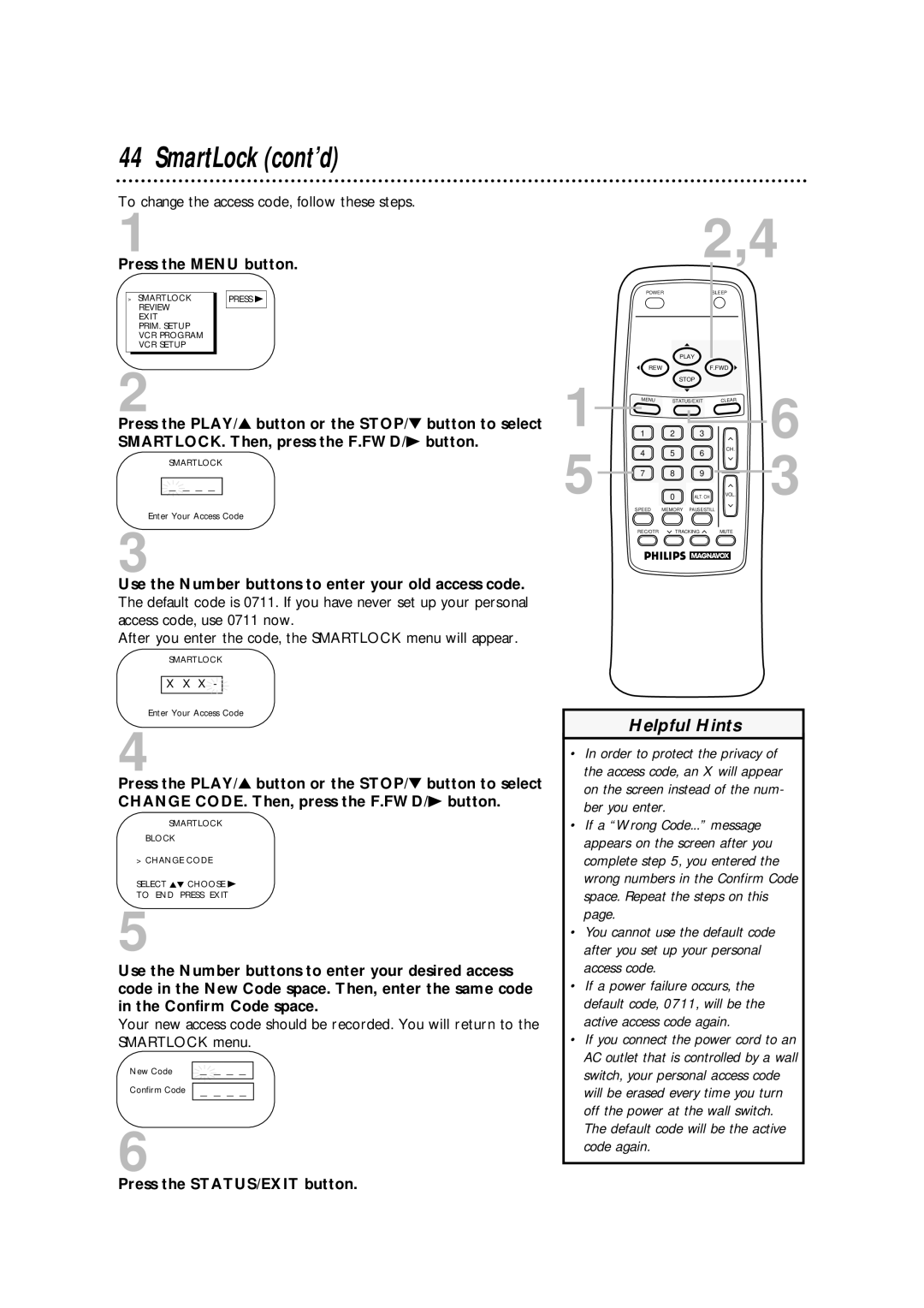 Philips CCA132AT owner manual To change the access code, follow these steps 