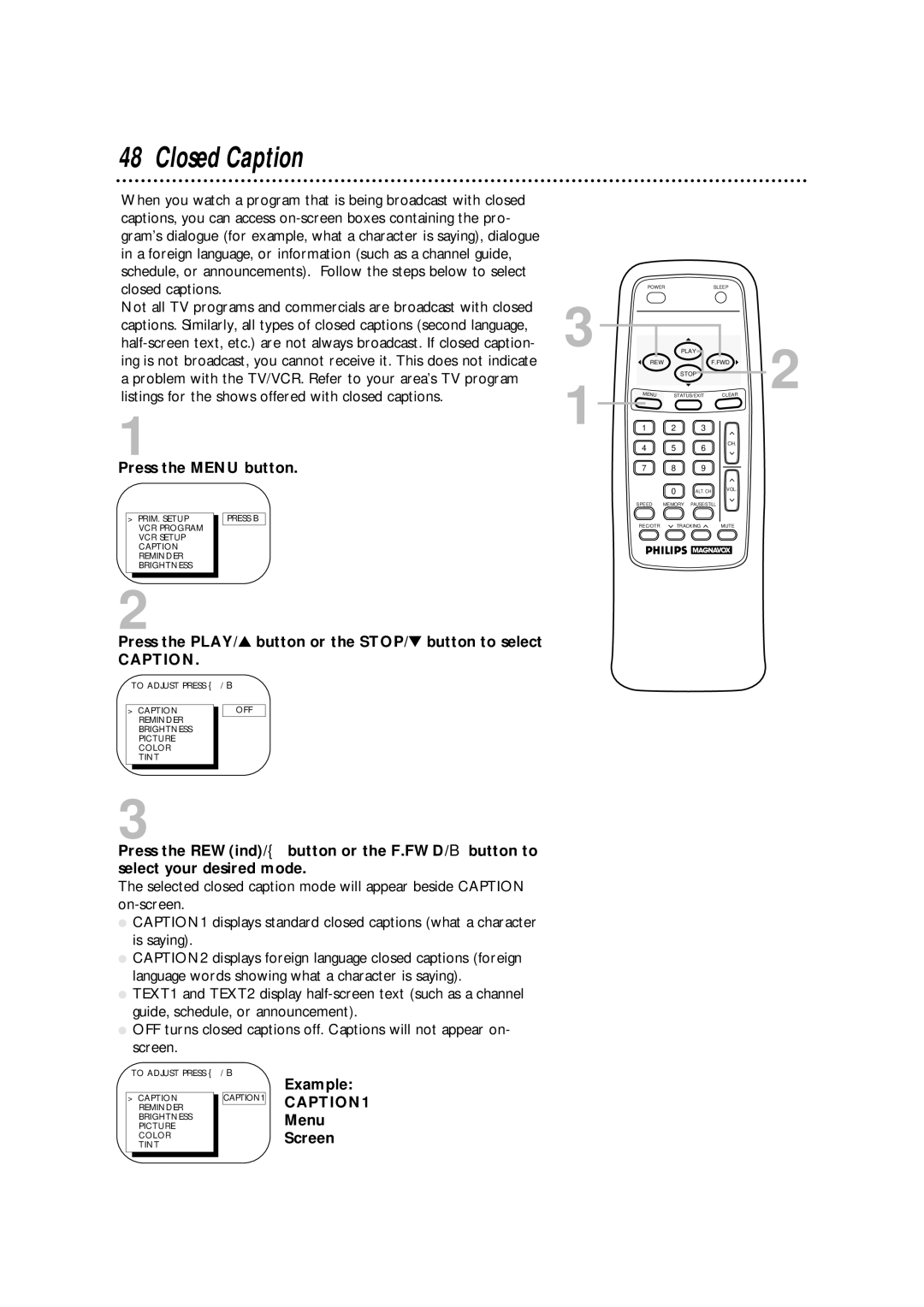 Philips CCA132AT owner manual Closed Caption, Example, Menu, Screen 