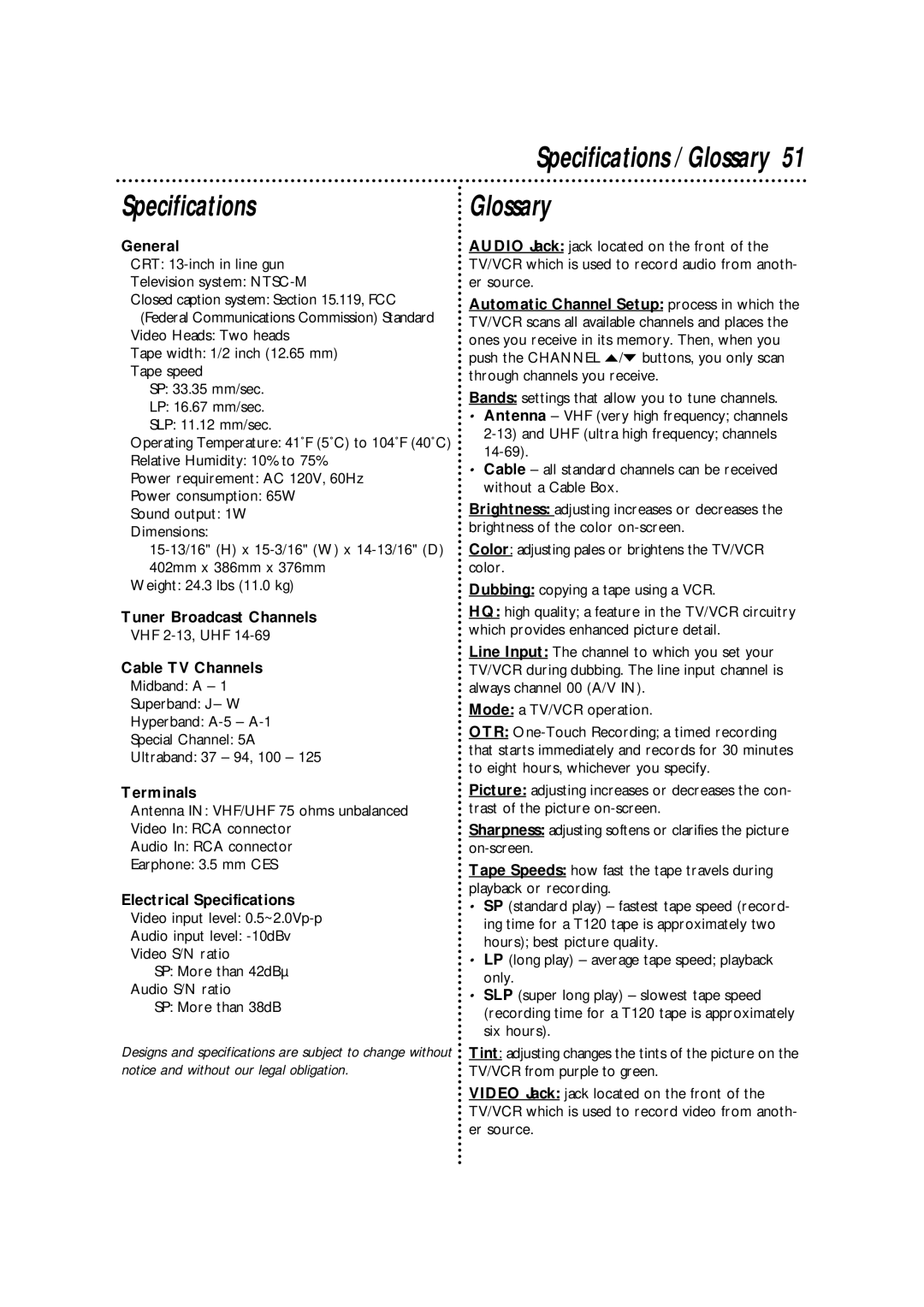 Philips CCA132AT owner manual Specifications, Glossary 