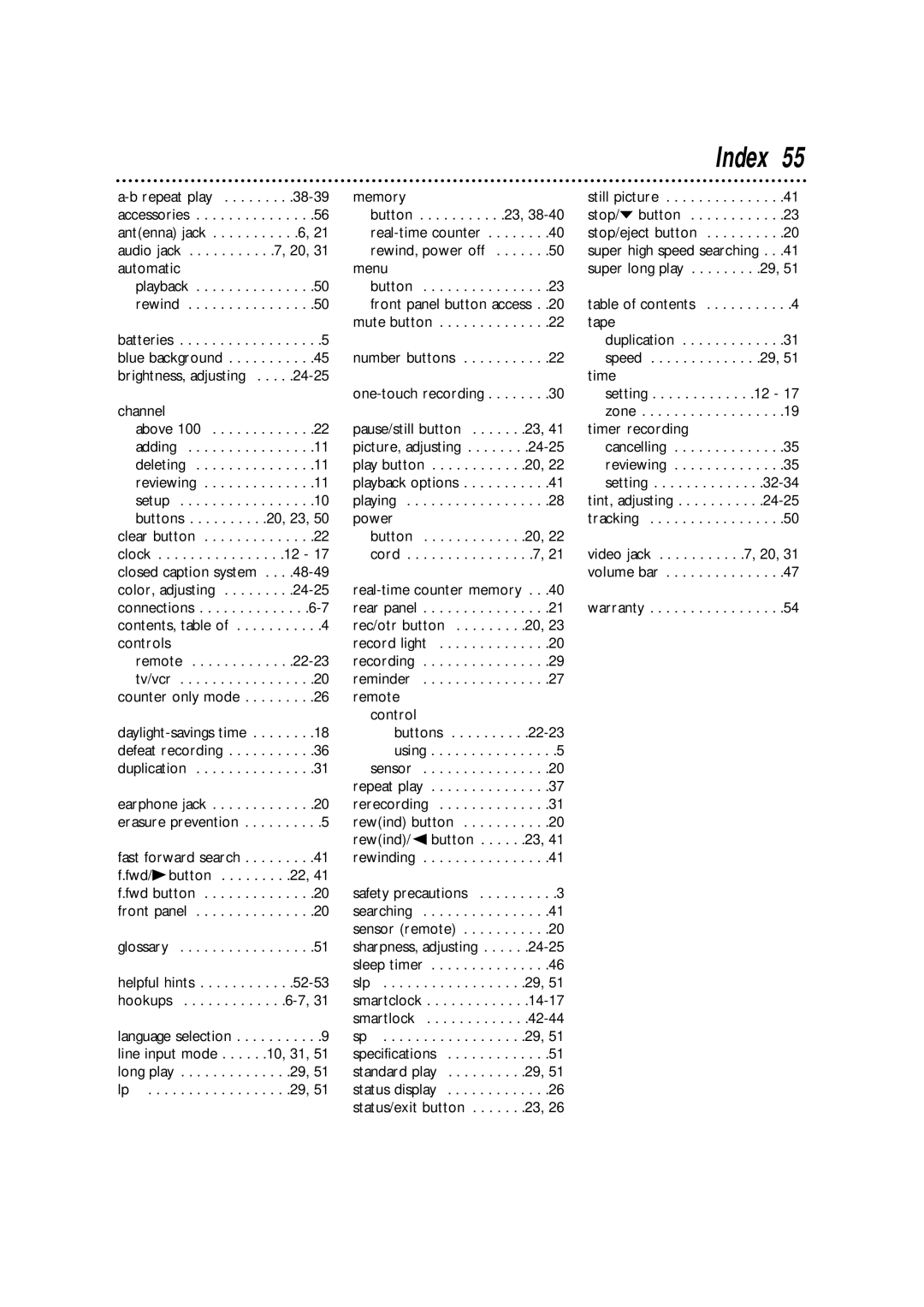 Philips CCA132AT owner manual Index, Channel Above Adding Deleting Reviewing Setup Buttons 