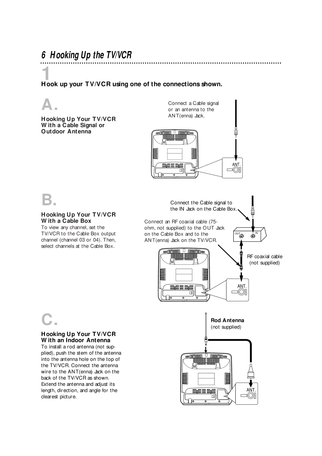 Philips CCA132AT owner manual Hooking Up the TV/VCR, Hook up your TV/VCR using one of the connections shown, Rod Antenna 