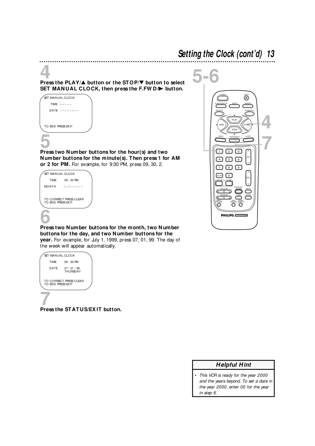 Philips CCA134AT owner manual SET Manual Clock Time, Month To Correct Press Clear To END Press Exit, Date 