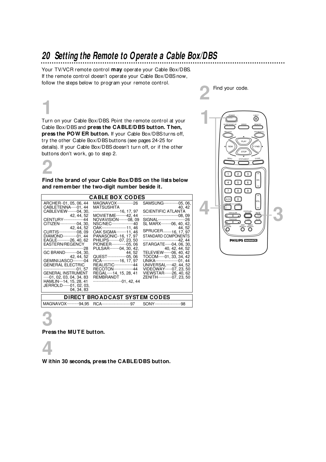 Philips CCA134AT owner manual Setting the Remote to Operate a Cable Box/DBS, Cable BOX Codes 