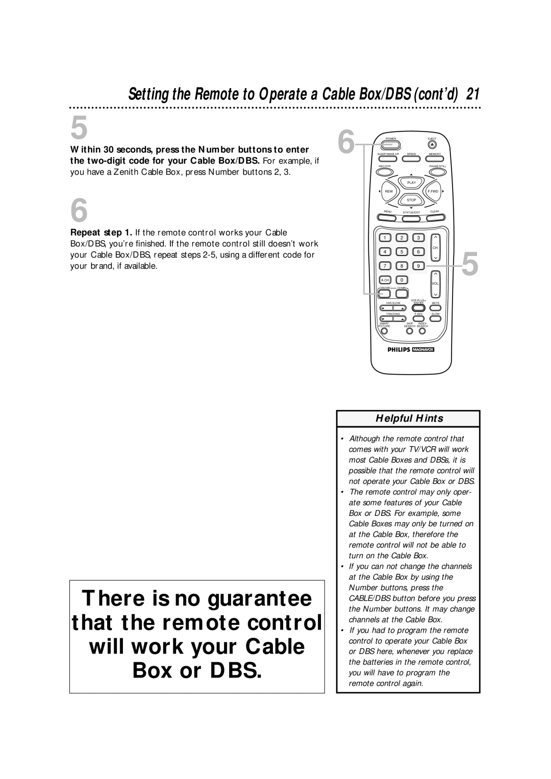 Philips CCA134AT owner manual Setting the Remote to Operate a Cable Box/DBS cont’d 